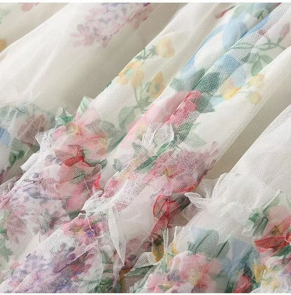 Faldas Y2k Elastic Waist Floral Print Mesh Skirt Women Summer Beach Vacation Style Versatile Stitching A-line Elegant Long Skirt