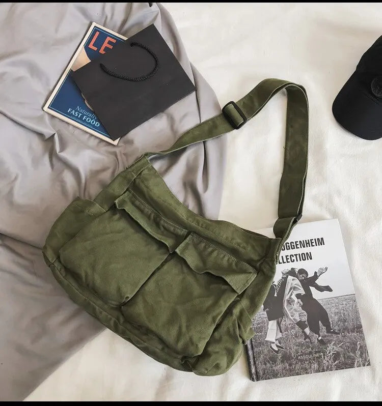 Classic Vintage Canvas Shoulder Bag Women Solid Soft Travel Women Crossbody Bag Large Capacity Fashion Handbag Tote Bag Women