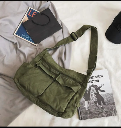 Classic Vintage Canvas Shoulder Bag Women Solid Soft Travel Women Crossbody Bag Large Capacity Fashion Handbag Tote Bag Women