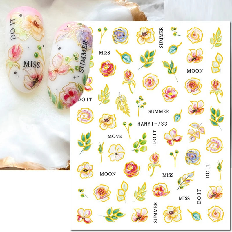 3d Nail Art Decals Elegant White RoyalBlue Roses Flowers Adhesive Sliders Nail Stickers Decoration For Nail Manicure