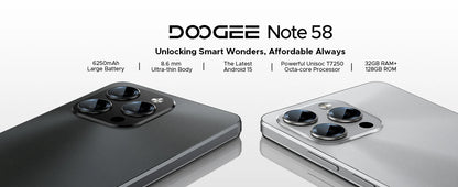 Global Version DOOGEE Note 58 Android 15 Smartphone 8GB RAM+128GB ROM 6.75" HD+ 90Hz IPS Screen 6250mAh Large battery NFC
