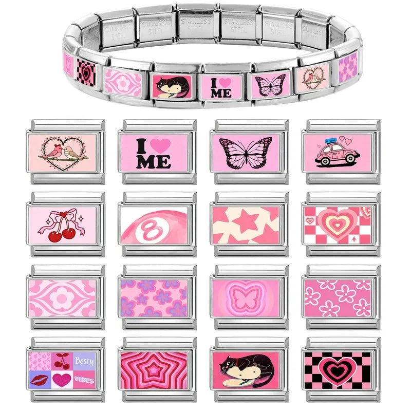 Wholesale Sweet Pink Series Stars Heart Flowers Butterfly Italian Link Fit 9mm Stainless Steel Bracelet Making DIY Charm Jewelry