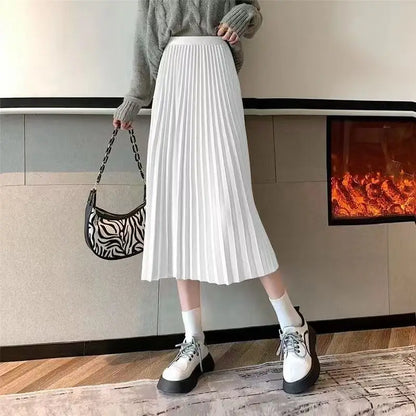 Women Summer Solid Pleated Satin Long Skirt Korean New Fashion Ladies Work Casual Elastic High Waist A Line Party Loose Skirts