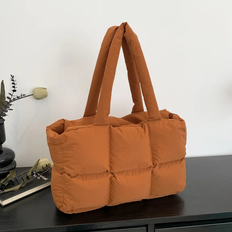 Women Tote Handbags Quilted Plaid Bag Retro Trendy Checkered Waterproof Shoulder Bag Solid Color Winter Soft Large Capacity Bags