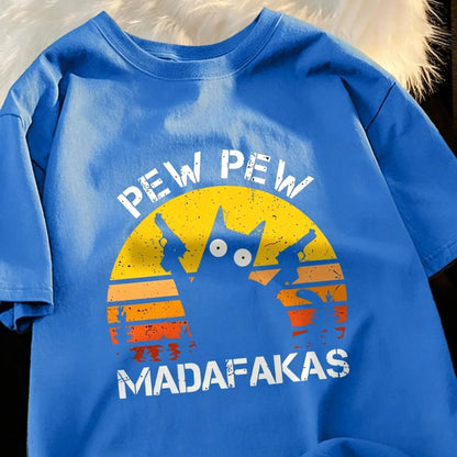 Pew Pew Madafakas Cat With Two Guns T-Shirts Man Street Summer Short Sleeve Harajuku Cotton Tshirt Oversized Breathable Tops
