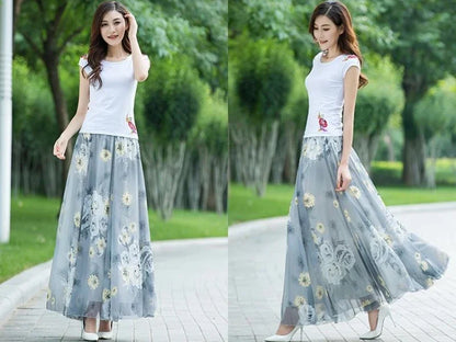 PTKPCC New Chiffon Floral Maxi Summer Skirt Women Long High Waist Holiday Dance Skirt Elegant Beach Boho Hot Sale  Skirts