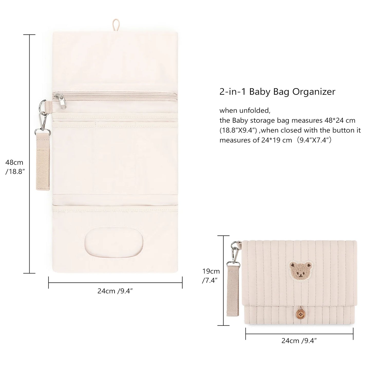 Foldable Hanging Diaper Organizer Bag - Multi-Compartment Essentials Storage Pouch with Wipe Holder & Diaper Pocket