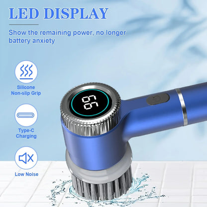 2026 Electric Cleaning Brush LED Display With 5 Replaceable Brush Heads 3-speed Adjustable Cleaning Tool For Kitchen Bathroom