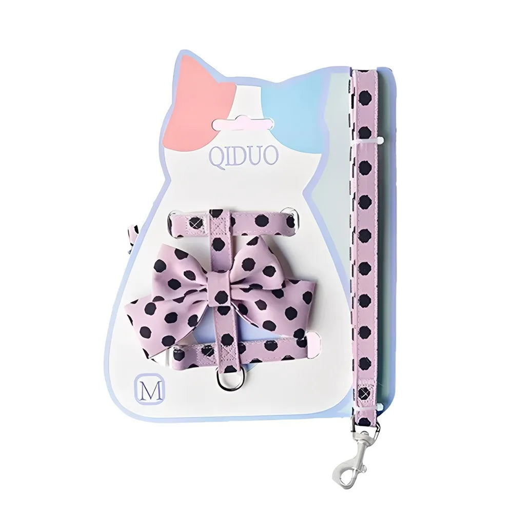 Cute Polka Dot Pet Vest Harness Bowknot Adjustable Pet Traction Rope with Collar Cat Traction Rope Puppy