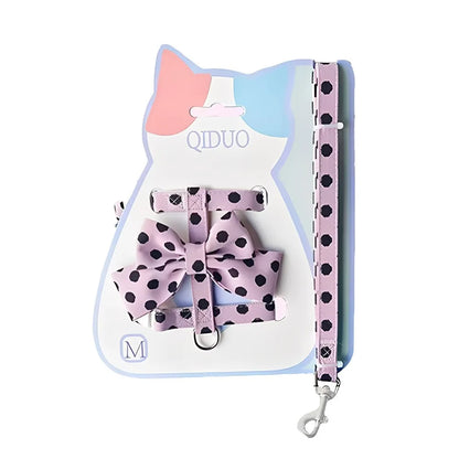 Cute Polka Dot Pet Vest Harness Bowknot Adjustable Pet Traction Rope with Collar Cat Traction Rope Puppy
