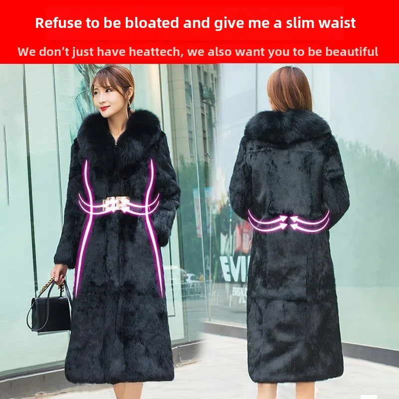 Real Rex Rabbit Fur Coat Women Autumn Winter Long Jacket Thick Warm New Fashion Fox Fur Collar Elegant Female Warm Outerwear