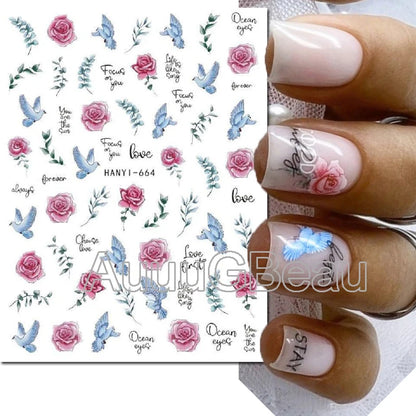 3d Nails Art Decals Spring Fruits Pink Full Tips Peony Magnolia Flowers Adhesive Sliders Stickers Decoration For Nails Manicure