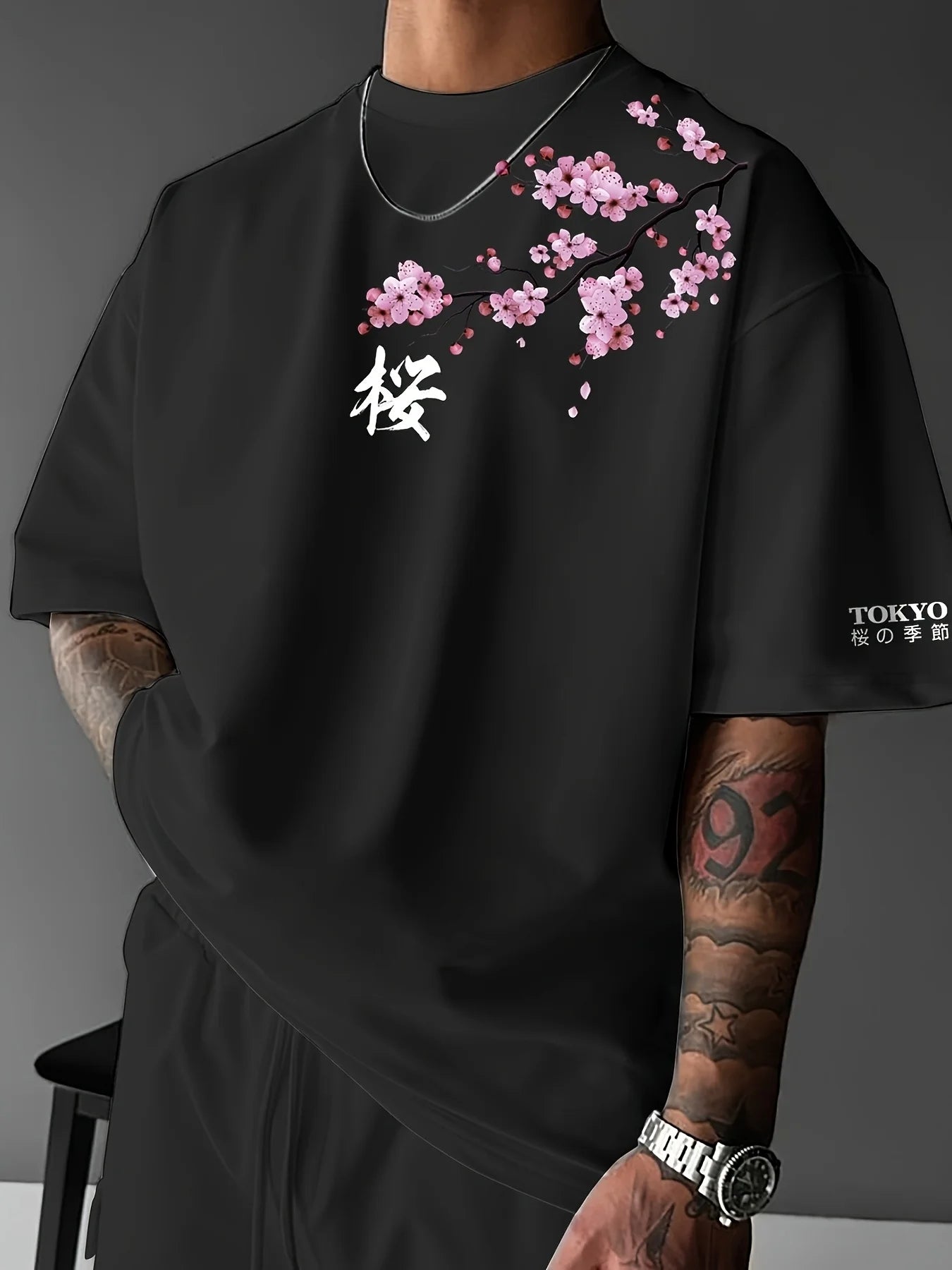 Summer Men Cherry Blossom Pattern Japanese Style Loose-Tee Shirt Suitable for Daily Wear 100% Cotton Material Trendy Versatile