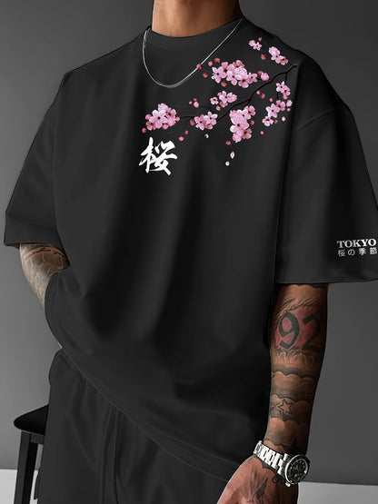 Summer Men Cherry Blossom Pattern Japanese Style Loose-Tee Shirt Suitable for Daily Wear 100% Cotton Material Trendy Versatile