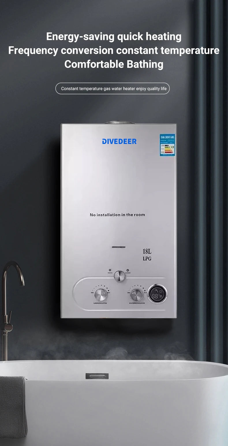 DIVEDEER LPG Gas Hot Water Heater 6L/8L/10L/12L/16L/18L Home Appliance Wall-Mounted Water Heater With Shower Kit Digital Display