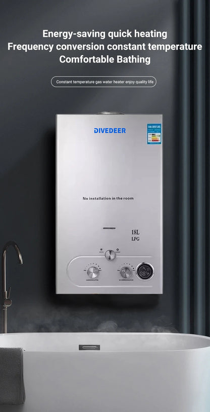 DIVEDEER LPG Gas Hot Water Heater 6L/8L/10L/12L/16L/18L Home Appliance Wall-Mounted Water Heater With Shower Kit Digital Display