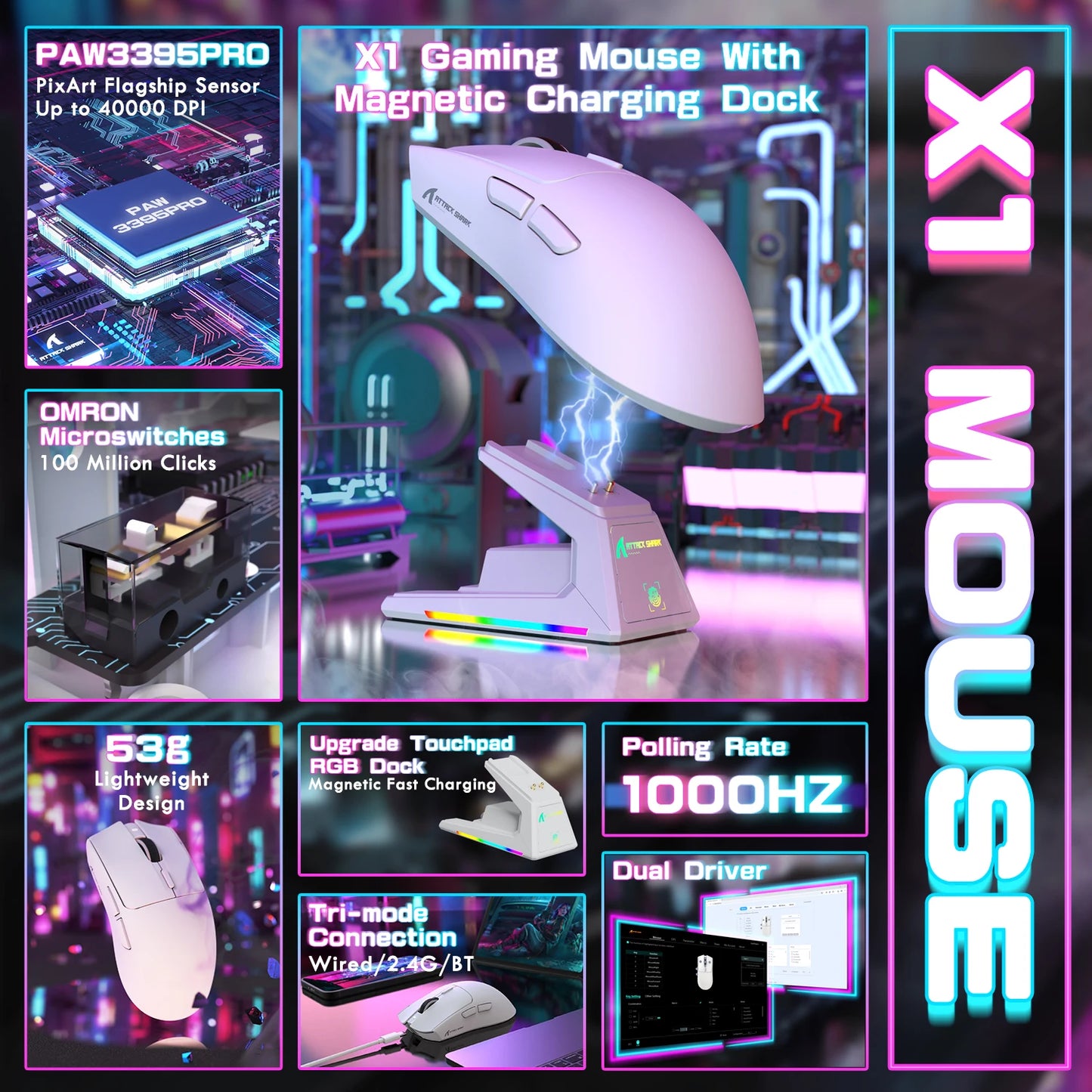 ATTACK SHARK X1 Gaming Mouse with Magnetic Charging Dock, PixArt PAW3395PRO Gaming Sensor, 40000DPI,53g, 100M Microswitches
