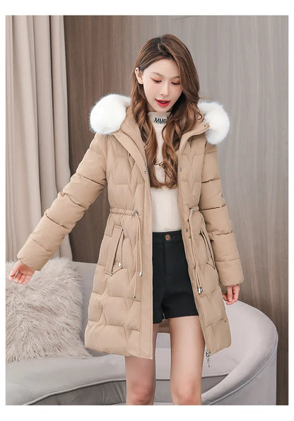 Hooded Women Parkas Coats Mid LenthJackets  Oversize Solid Fur Collar Zipper Drawstring Waist Loose Casual 2025 Autumn Winter