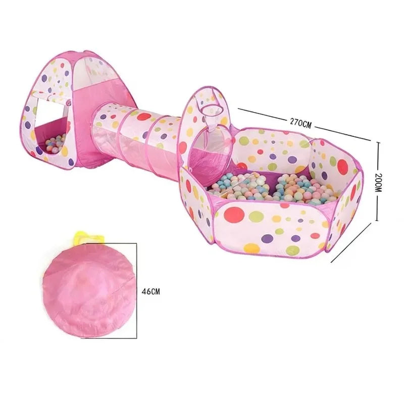 Pink Kids Tent with Tunnel & Ball Pit, Princess Play Tent for Girls, Indoor Outdoor Baby Ball Pit Playhouse with Basketball Hoop