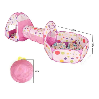Pink Kids Tent with Tunnel & Ball Pit, Princess Play Tent for Girls, Indoor Outdoor Baby Ball Pit Playhouse with Basketball Hoop
