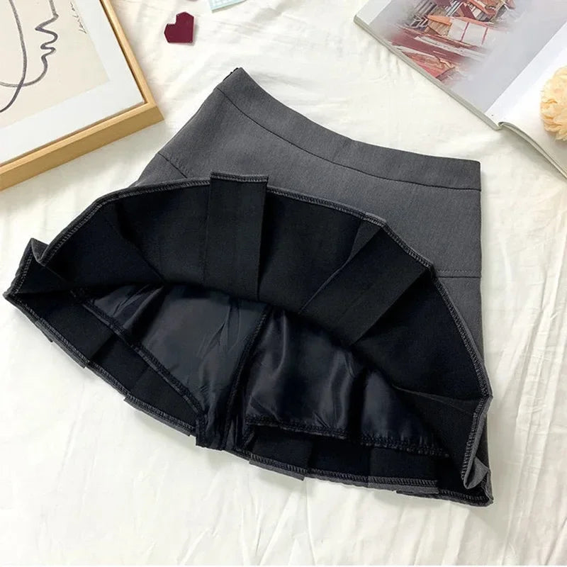 2025 New Black and Grey Pleated Skirt Women High Waist Mini Vintage Solid Skirts Korean Fashion School Uniform Streetwear