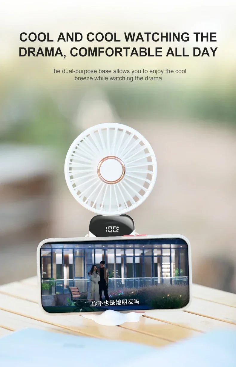 Mini Portable Handheld Fan Foldable Neck Hanging Fans 5 Speed USB Rechargeable Fan with Phone Stand and Display Screen 1800mAh