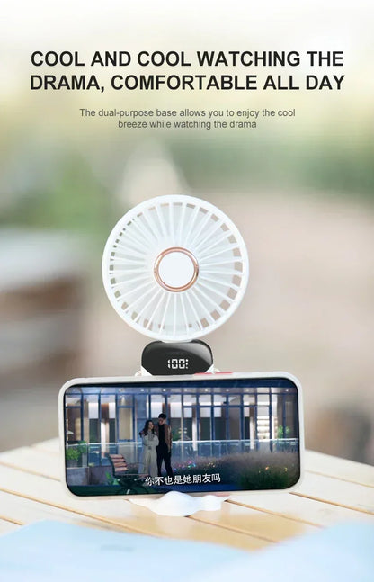Mini Portable Handheld Fan Foldable Neck Hanging Fans 5 Speed USB Rechargeable Fan with Phone Stand and Display Screen 1800mAh