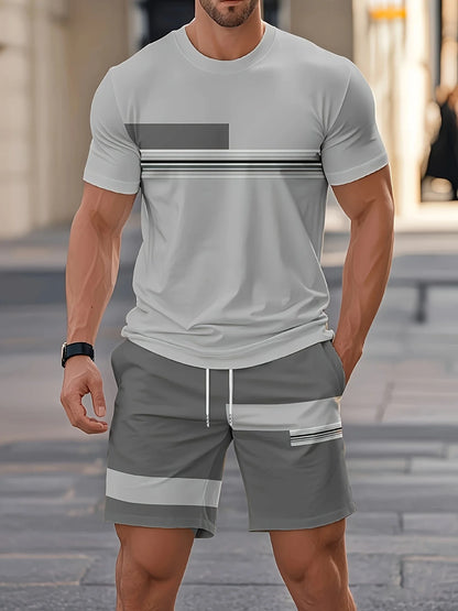 2026 Summer New Arrival Men's Casual Two-Piece Set Striped Print Short-Sleeve Shirt and Athletic Shorts Set Men's Fitness Set
