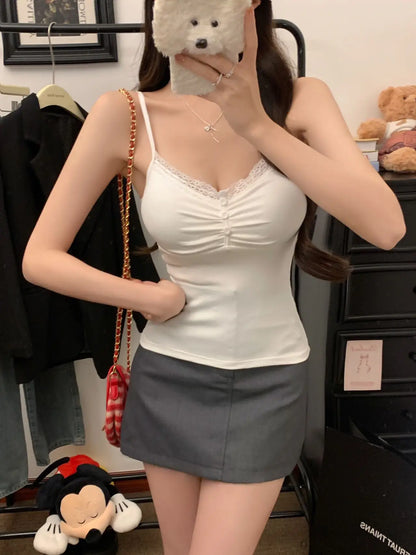 Pure Desire Sexy Lace Splice Strap Vest Women's Inner Wear Slimming Matching Top Trendy Tube Top Cotton Blend Elastic Fiber