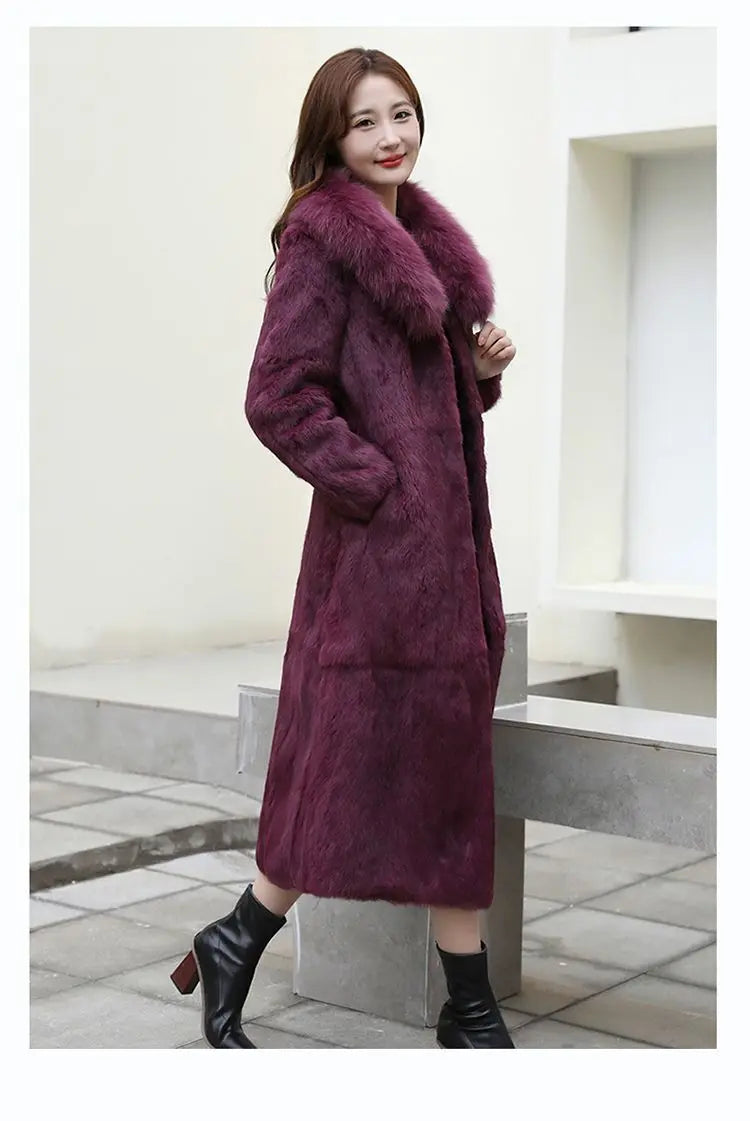 Real Rex Rabbit Fur Coat Women Autumn Winter Long Jacket Thick Warm New Fashion Fox Fur Collar Elegant Female Warm Outerwear