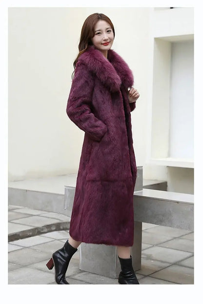 Real Rex Rabbit Fur Coat Women Autumn Winter Long Jacket Thick Warm New Fashion Fox Fur Collar Elegant Female Warm Outerwear