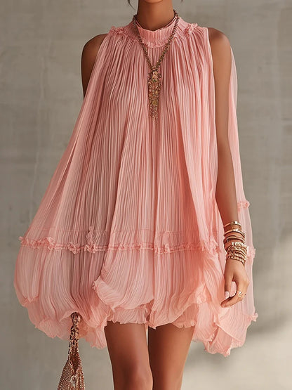 2026 Women Solid O-Neck Princess Party Dress Spring Summer Sexy Sleeveless Ladies Loose Ruched Dresses Streetwear Dropshipping