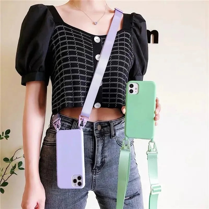 2024 Silicone Lanyard Phone Case For iPhone 12 13 Mini 14 15 16 Pro Max X XR XS Cover With Neck Strap Crossbody Necklace Cord