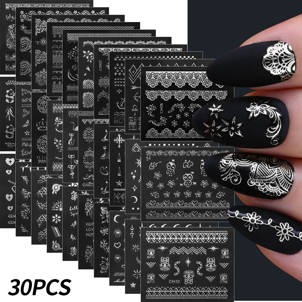30 Sheets Christmas Nail Art Stickers Self Adhesive 3D White Snowflake Nail Decals Xmas Nail Supplies Christmas Manicure Sliders