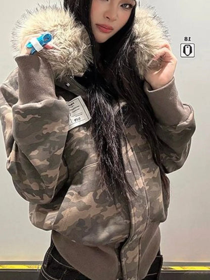 Casual Y2K Vintage Streetwear Slim Fit Winter Coat Fur Collar Hoodie Jacket American Retro Warm Outerwear Women Girls Ladies New