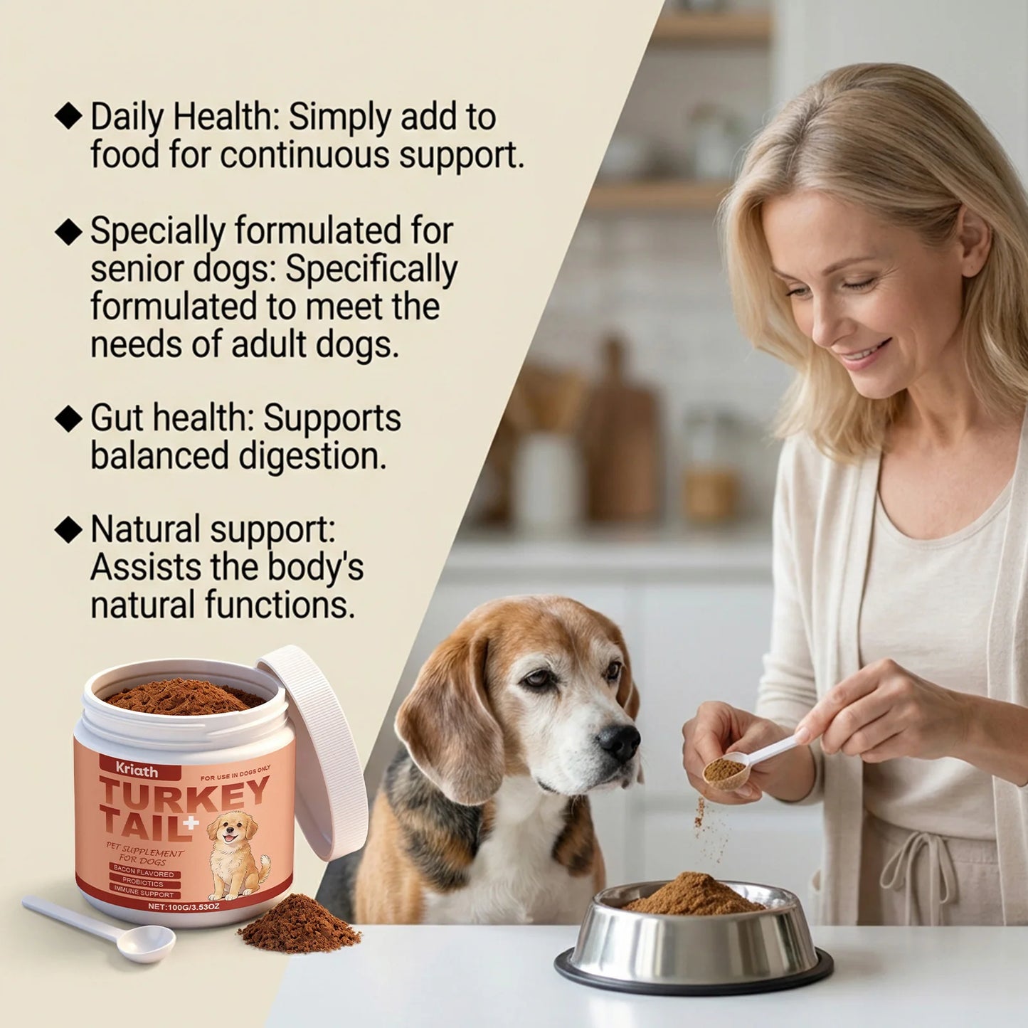 Turkey Tail Mushroom Powder for Dogs, Bacon Flavor Pet Immune Support Joint Hip Gut Health Supplement, Skin Coat Care Powder