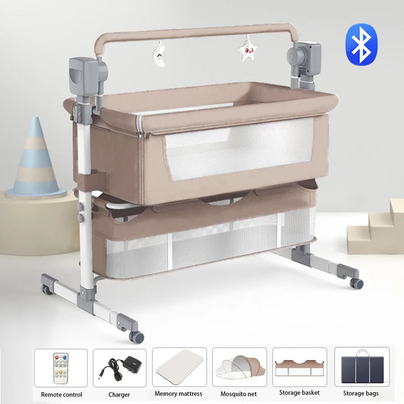 Electric Baby Crib Bassinet Cradle Bluetooth Music Timer with Automatic Swing Remote Control Foldable Design Breathable Mesh Sides Soft Mattress Stable Frame Safe Sleeping Bed for Newborn Infant Home Use and Travel Comfort Ba