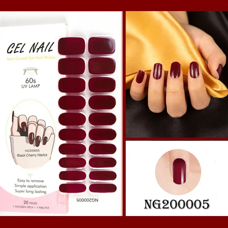 16/20/22Tips Semi-Cured Gel Nail Wraps Full Cover Manicure DIY Waterproof Long Lasting Gel Nail Stickers set for UV Lamp Need