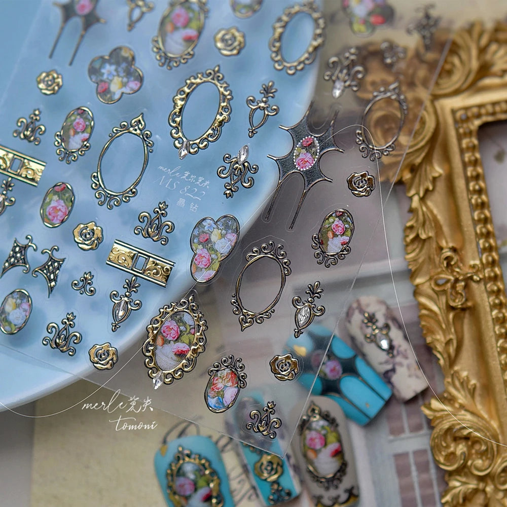 Luxury 5D Floral Nail Art Stickers Gold Silver Chinese Style Metal Frame Shiny Crystal Rhinestone Self Adhesive Manicure Decal