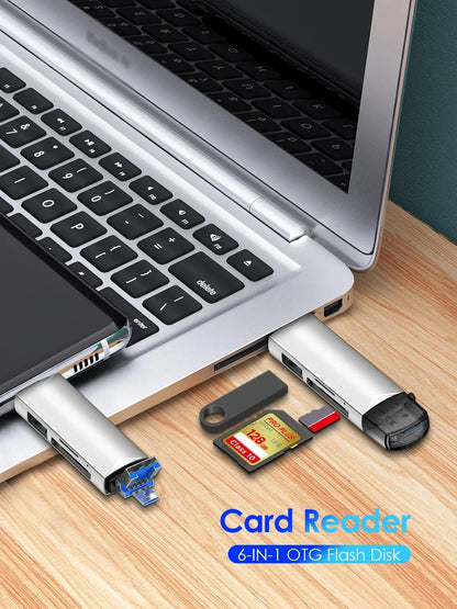 6-in-1 USB 3.0 & Type-C Card Reader OTG – Multi-function SD/TF/Micro SD Card Adapter with USB 3.0 Port, High Speed Data Transfer