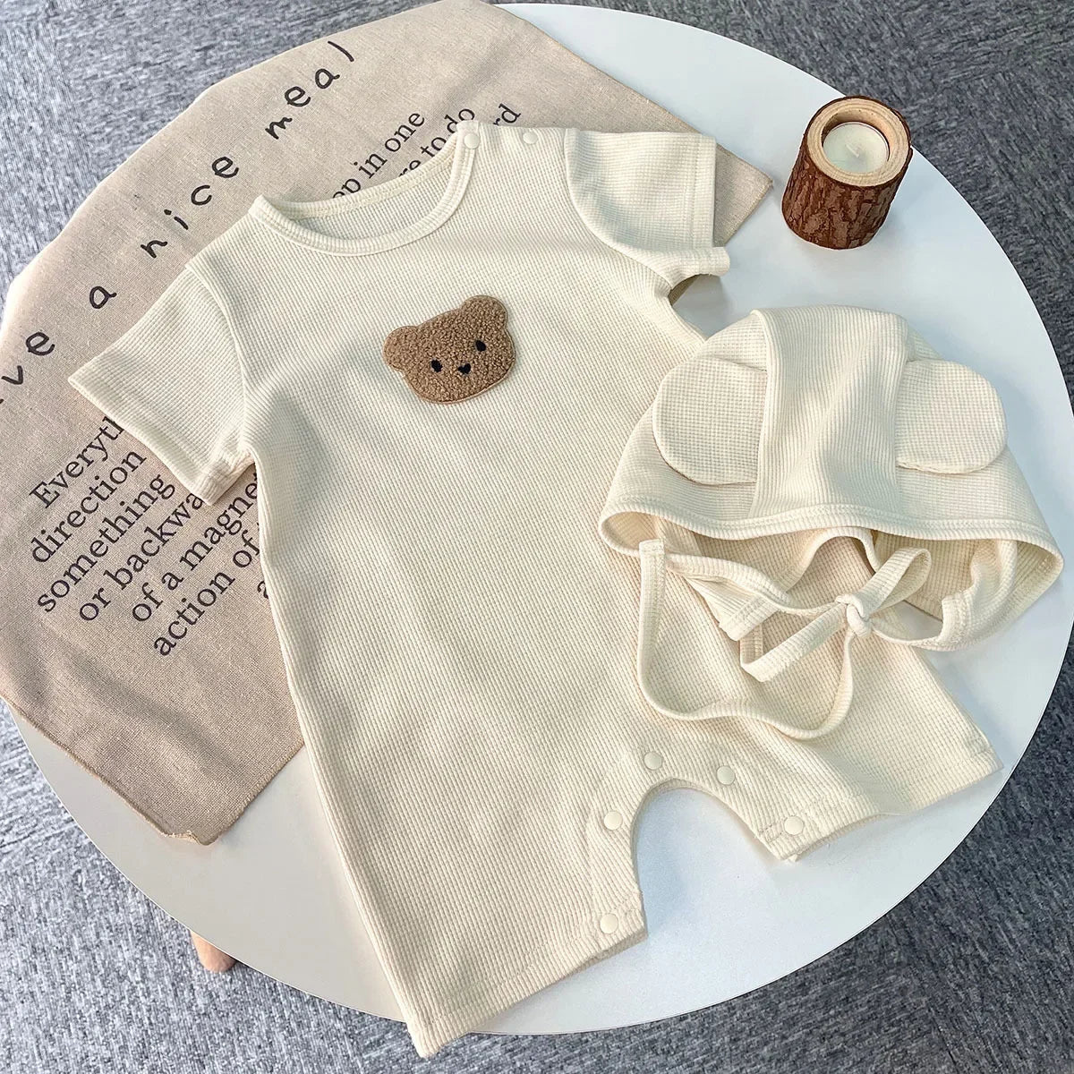 Cotton Romper Gift Hat with Ear New In Summer Kids Baby Girls Boys Short Sleeve Waffle Patch Bear Infant Newborn Jumpsuits