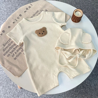 Cotton Romper Gift Hat with Ear New In Summer Kids Baby Girls Boys Short Sleeve Waffle Patch Bear Infant Newborn Jumpsuits
