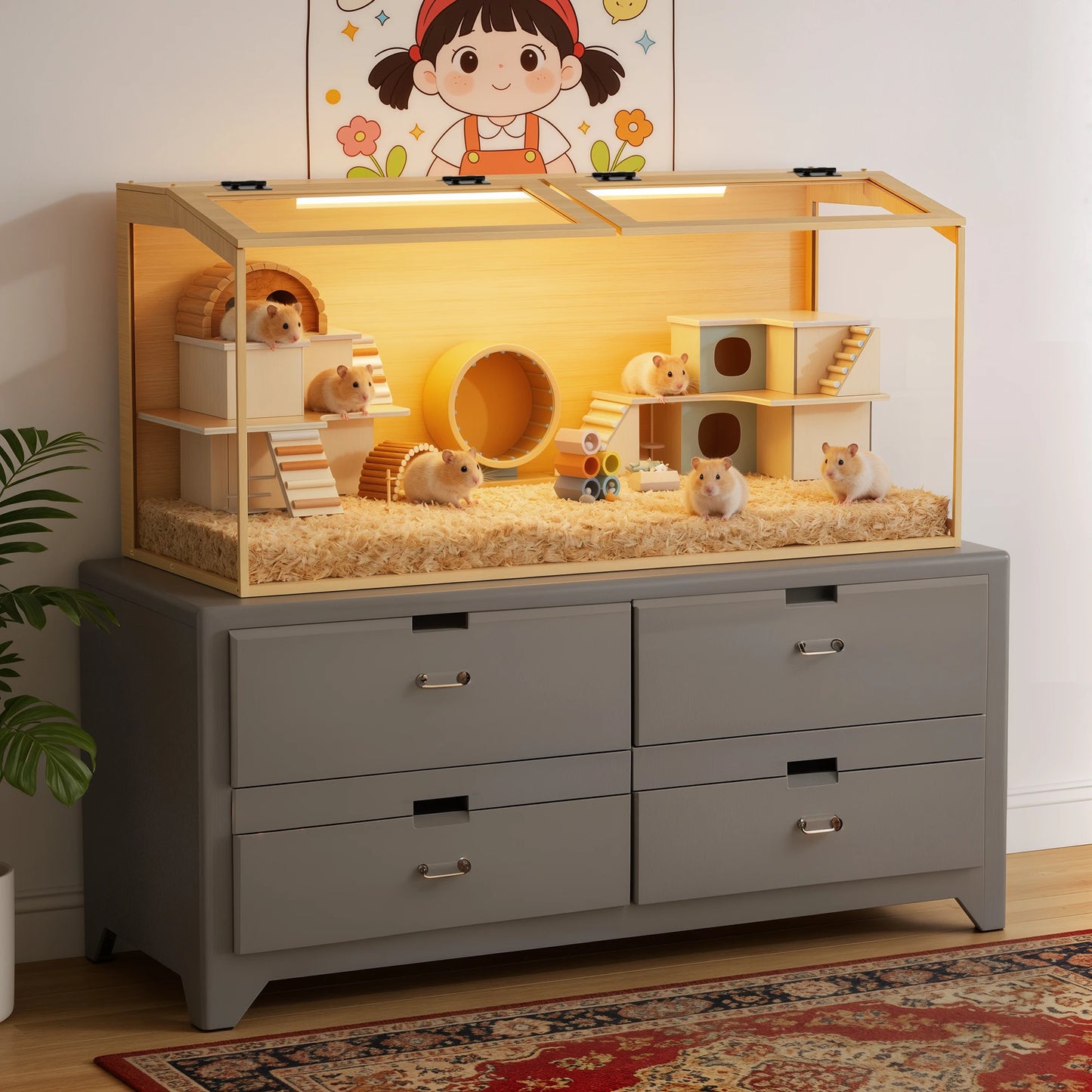 Large Wooden Hamster Cage Clear Tempered Glass Pet Small Animal Habitat Cage Playful Hutch House
