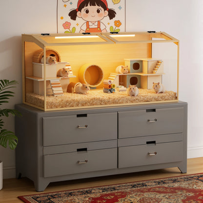 Large Wooden Hamster Cage Clear Tempered Glass Pet Small Animal Habitat Cage Playful Hutch House