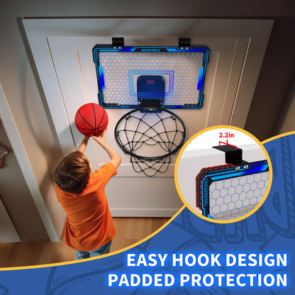 Basketball Hoop Indoor, Mini Basketball Hoop with 7 LED Lighting, Scoreboard, Over Door Basketball Hoop with 3 Modes, Volume Adjustable, Foldable, Basketball Toys for Kids,Birthday Halloween Christmas Gift