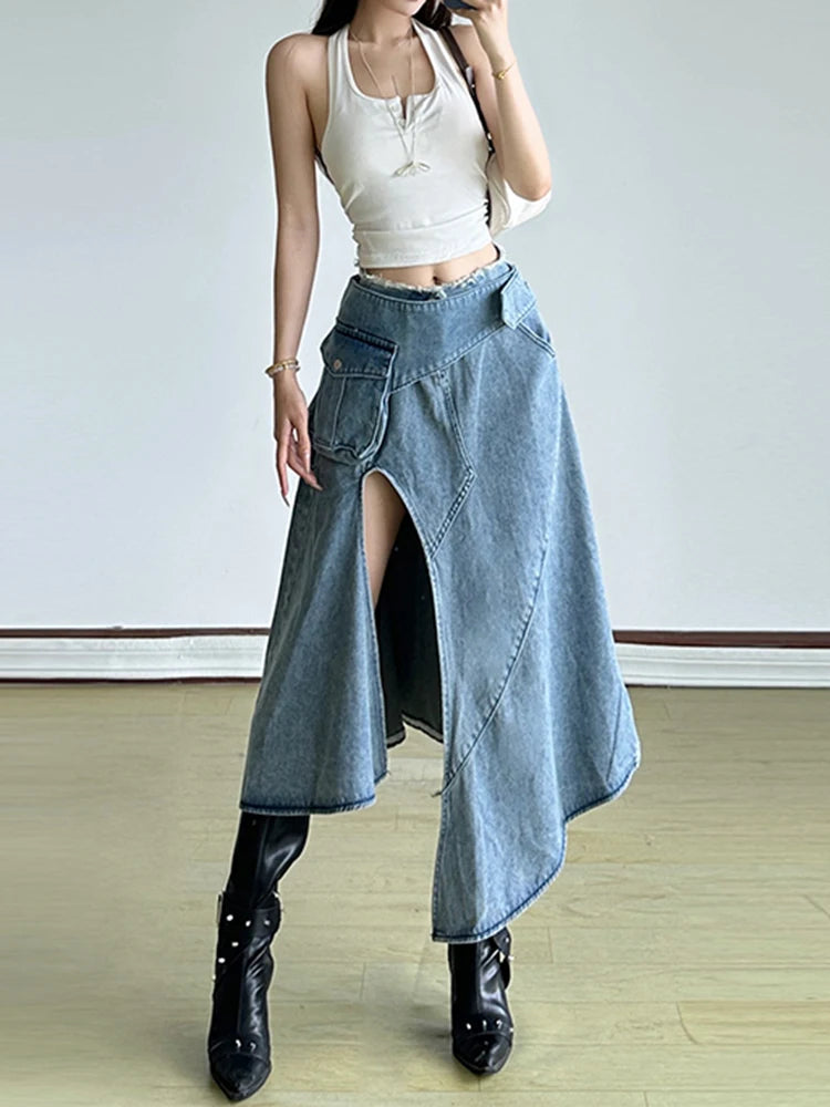 [EAM] High Waist Blue Denim Irregular Hem Slit Midi A-line Half-body Skirt Women Fashion Tide New Spring Autumn 2026 1DJ6538