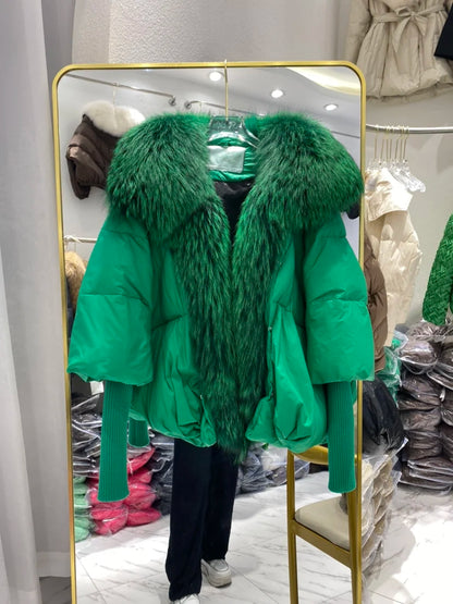 Oversized Winter Warm Real Fox Fur Collar Black Down Coat Women Puffer Outerwear Jackets 2024 Autumn Winter