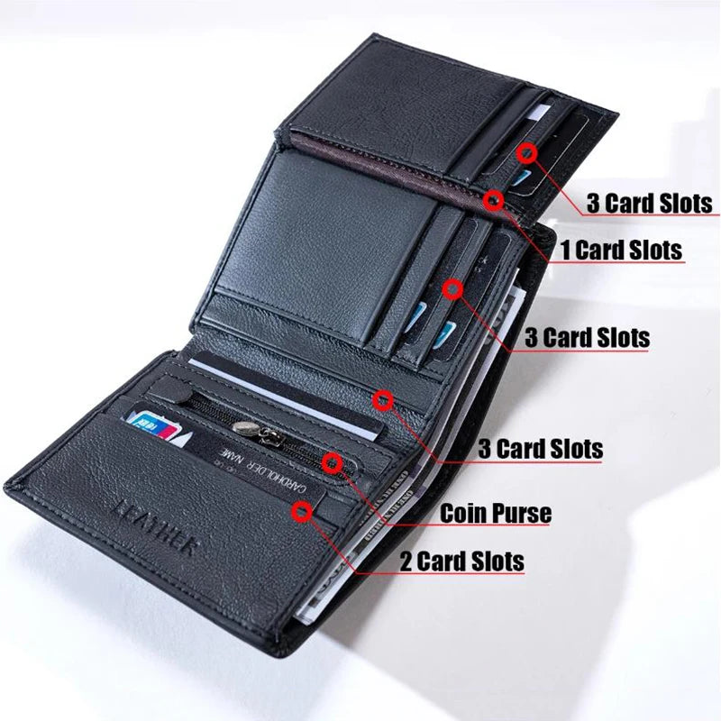 Men Wallet Genuine Leather Wallets for Men Zipper Purse Vertical Business Wallets RFID Anti-Theft Credit Card Holder Money Bag