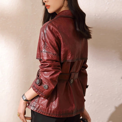 Roupas Femininas Autumn Women Suit Collar Lace-up Waist Oil Wax Sheepskin Gabardina Mujer Vintage Red Short Leather Trench Coat