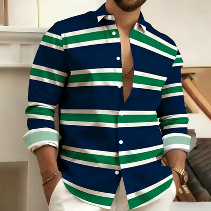 Striped Printed Men's Long Sleeved Shirt, Casual and Comfortable, Fashionable and Trendy, Street Outdoor, Soft Fabric